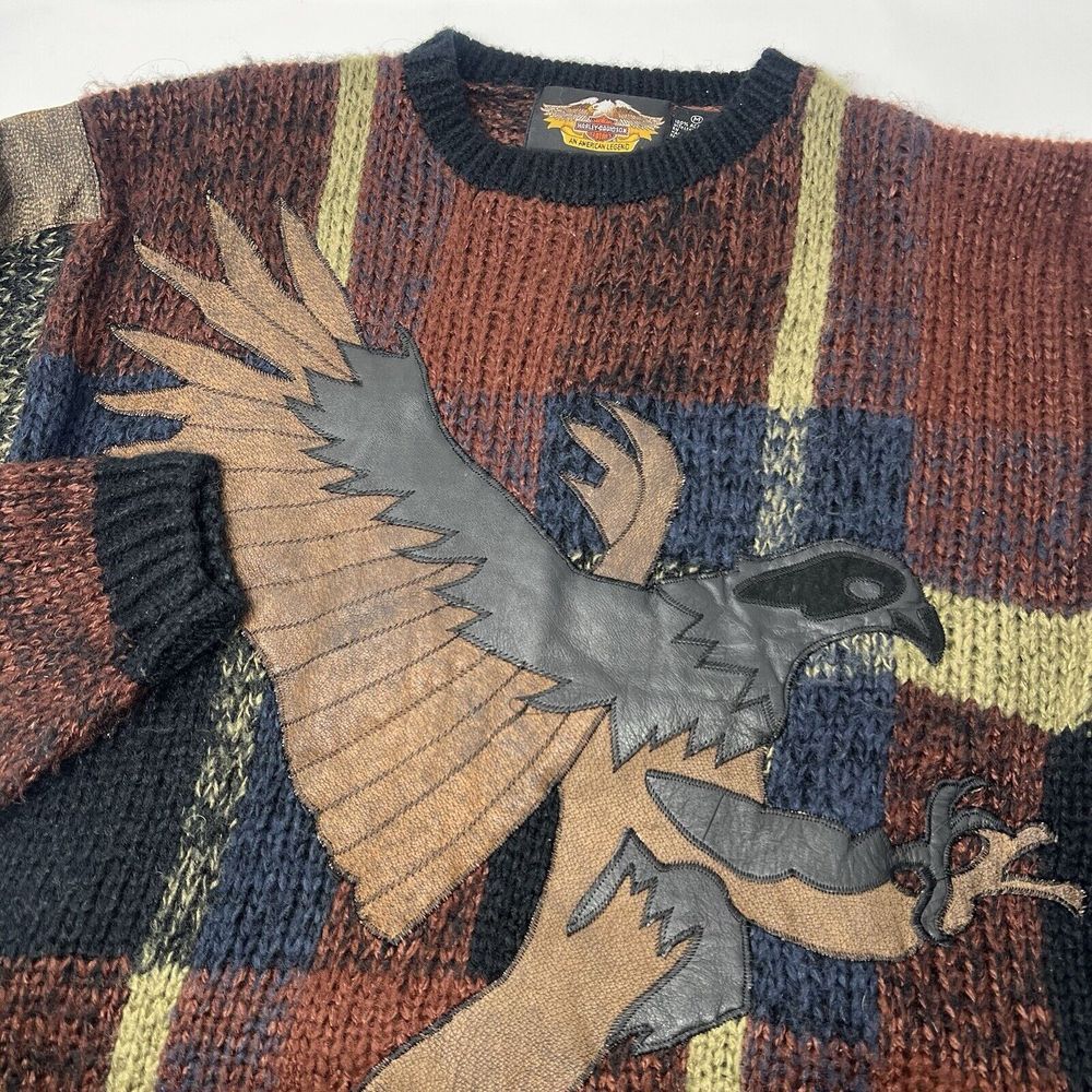 Harley Davidson Leather Eagle Patchwork Acrylic Chunky Knit Sweater Size Medium‎